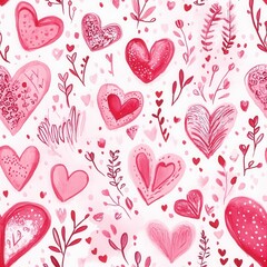 Charming Valentine's Day Pattern Featuring Pink and Red Hearts with Delicate Floral Elements, Perfect for Romantic Designs and Festive Celebrations