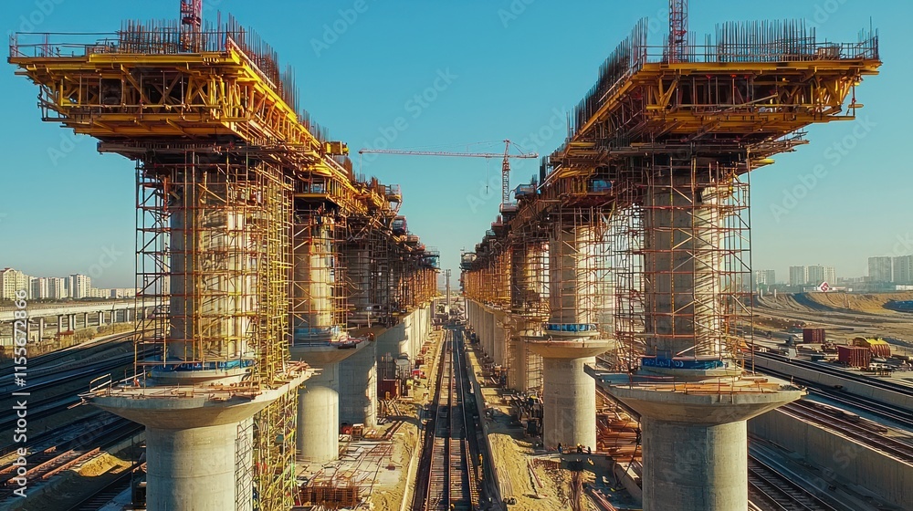 Aufkleber elevated railway under construction, showing large concrete pillars and scaffolding.