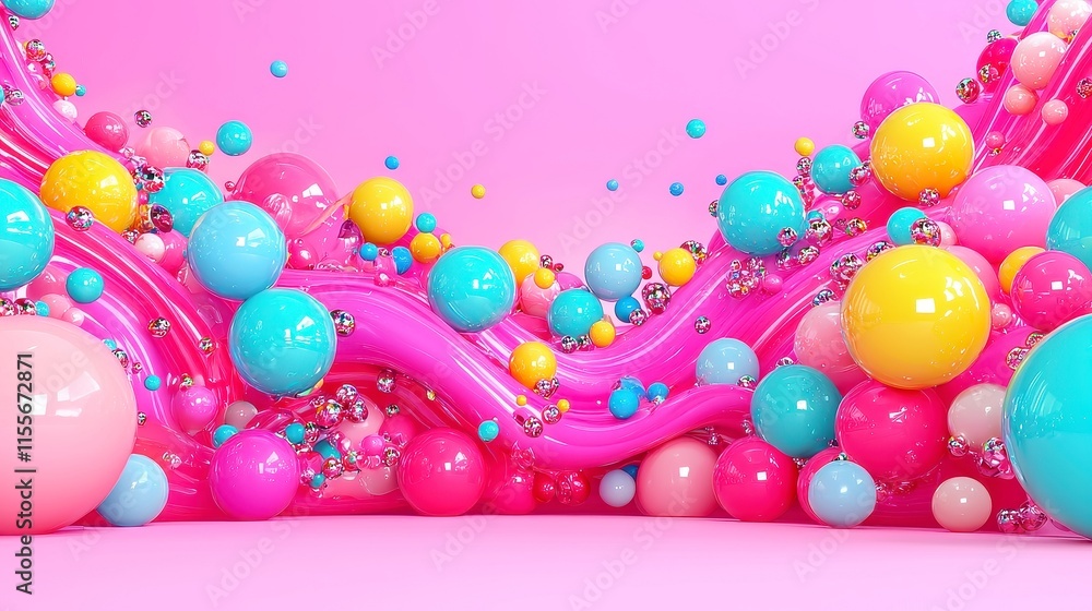 Poster vibrant sphere gathering, an array of multicolored spheres in a playful display, showcasing a spectr