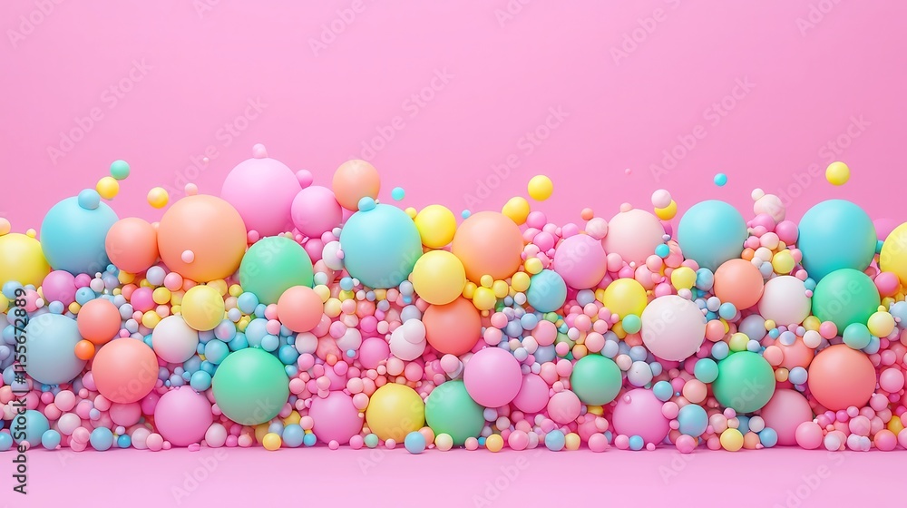 Poster vibrant gathering of colorful spheres, a dynamic display of assorted balls in vivid hues, creating a