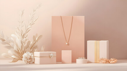 Pastel nude and orange colour with mockup, gift and necklace, for seasonal greeting 