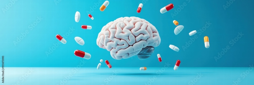 Aufkleber 3D model of a human brain surrounded by various colorful pills on a bright blue background. Generative AI