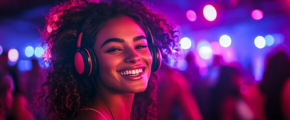 A smiling young woman wearing headphones in a vibrant party atmosphere.