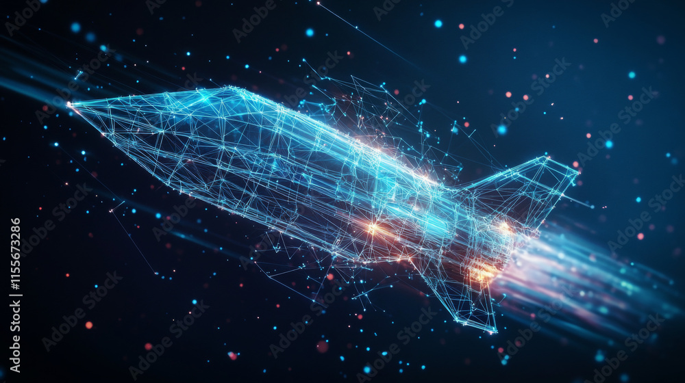 Poster the hologram is a rocket. a spaceship made of polygons, triangles of points and lines. journey to th