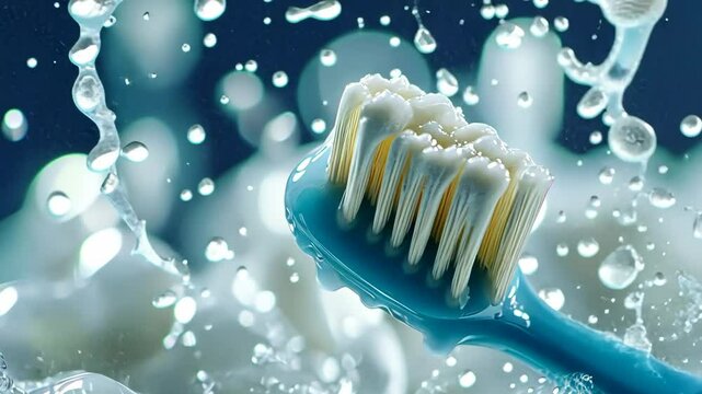 Vibrant close-up of a toothbrush surrounded by splashing water and foam in a bright setting