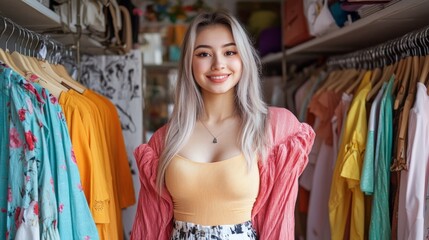 Young asian female shopping in fashion boutique with colorful clothing display