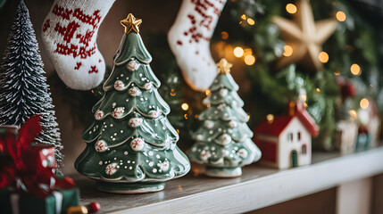 Seasonal festive style with socks and christmas tree in warm setting