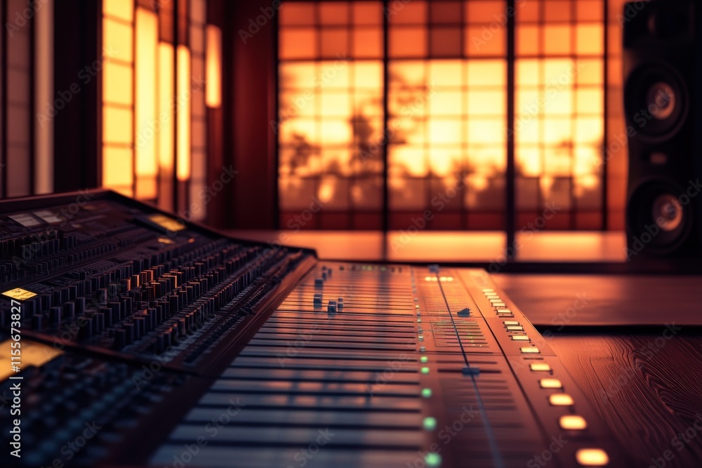 Poster audio mixing console in a serene studio with sunset view.