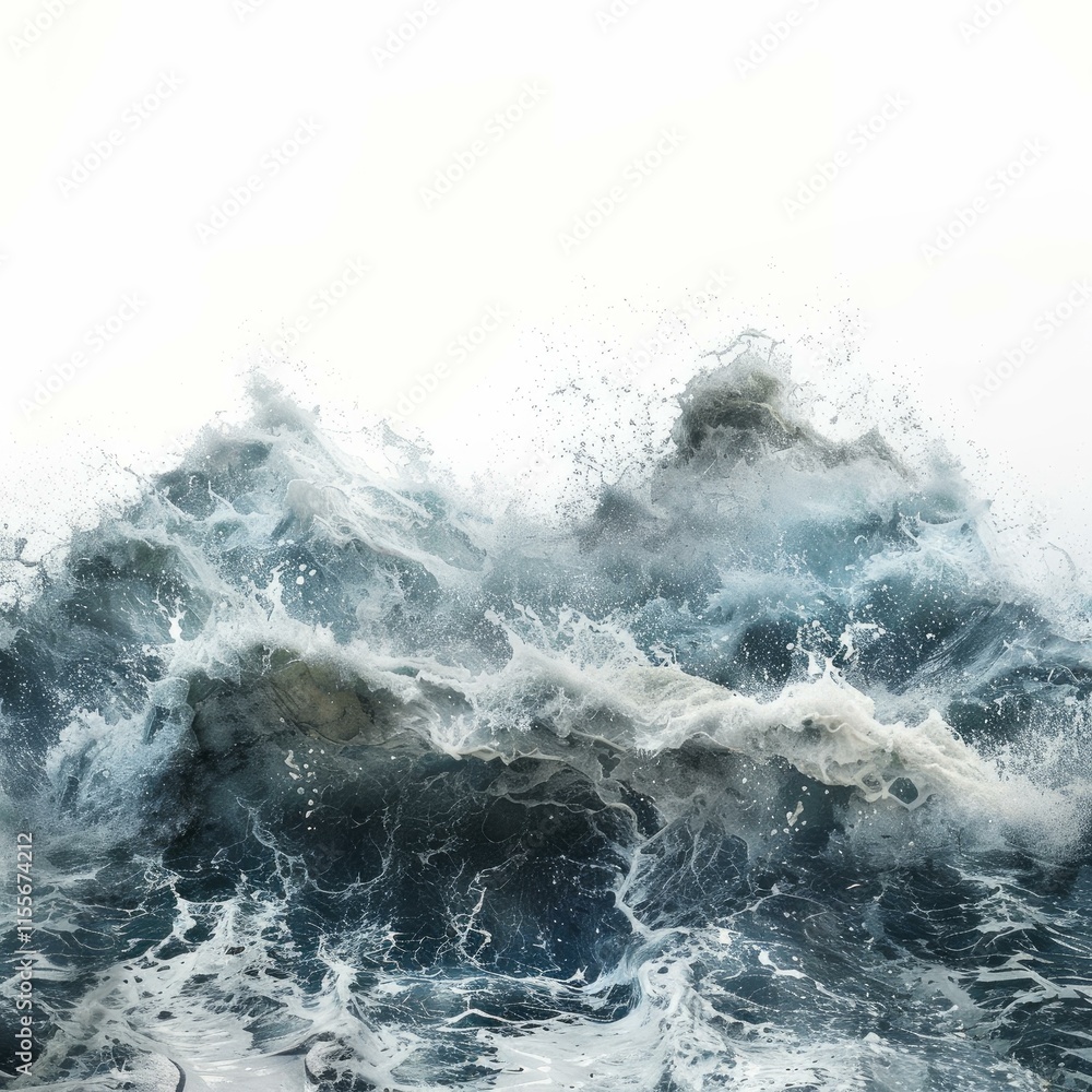 Poster powerful ocean wave breaking and splashing, creating white foam on a white background
