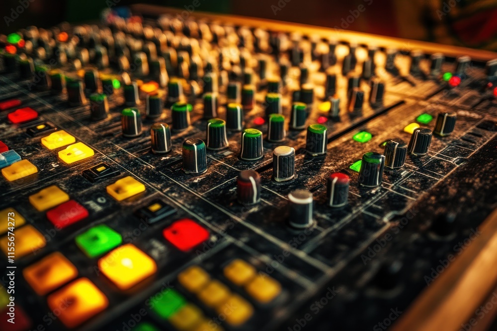 Aufkleber close-up of a dusty, vintage audio mixing console with numerous knobs and buttons.