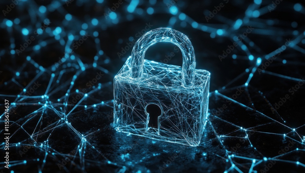 Aufkleber cyber security concept glowing padlock on digital network.