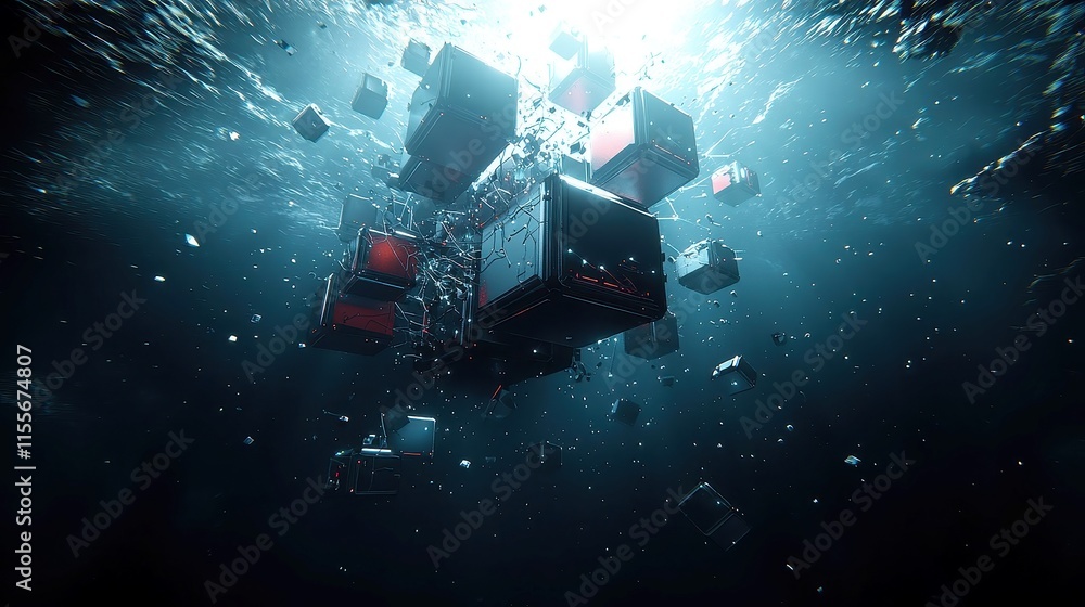 Poster futuristic networked cubes, a 3d visualization of interconnected cubes in a dark space, representing