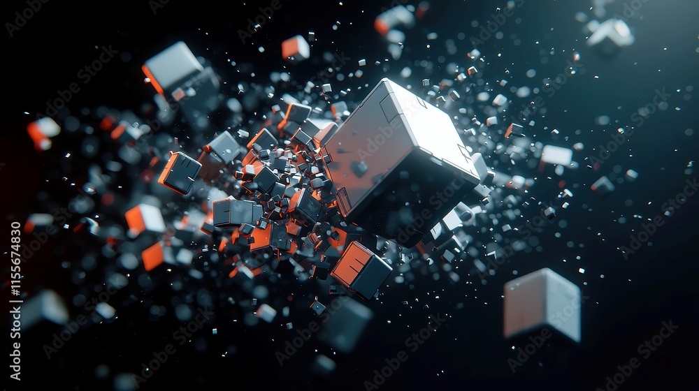 Poster futuristic technology network, a dynamic 3d illustration of interconnected cubes in a dark space, sy