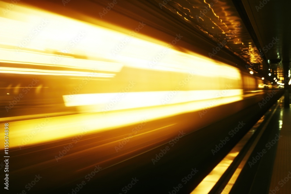 Poster blurry motion of a high-speed train passing through a dark tunnel, illuminated by bright lights.