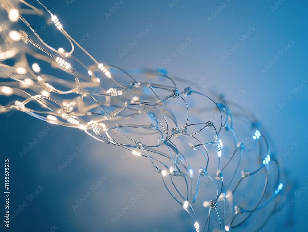 Poster Abstract glowing wire mesh light string in blue.