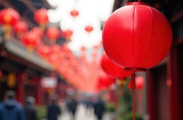 A vibrant row of red Chinese lanterns decorated with intricate Chinese writing