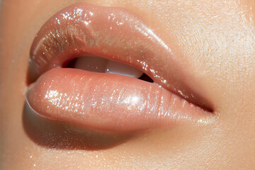 macro lip photography, a close-up of glossy lips with a soft pink color, showcasing texture, shine, and vitality clear skin with transparent lipstick for contrast, taken in portrait mode with an
