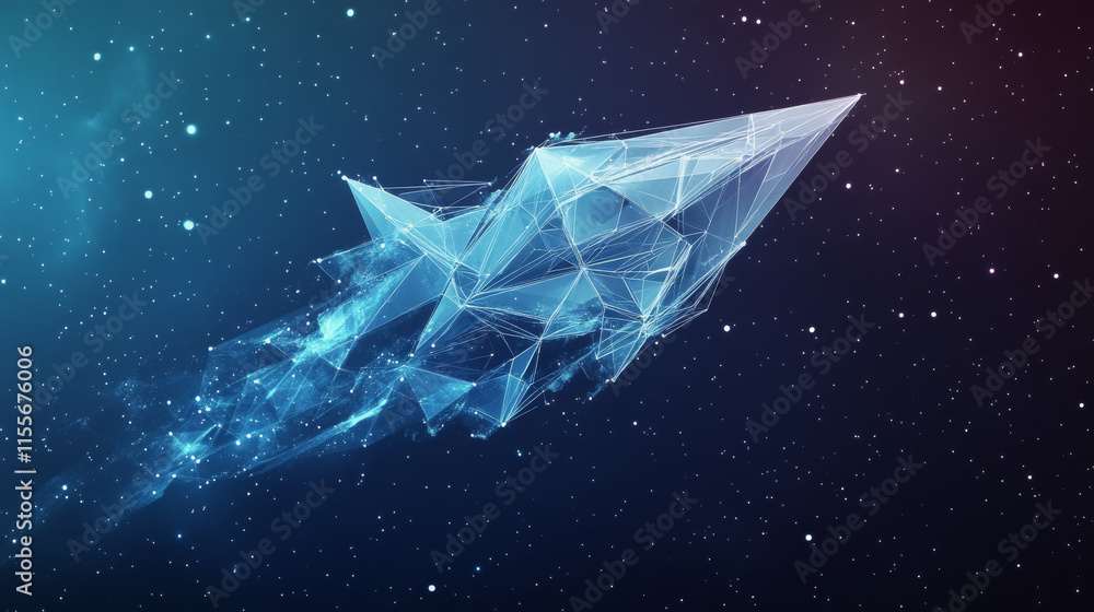 Poster the hologram is a rocket. a spaceship made of polygons, triangles of points and lines. journey to th