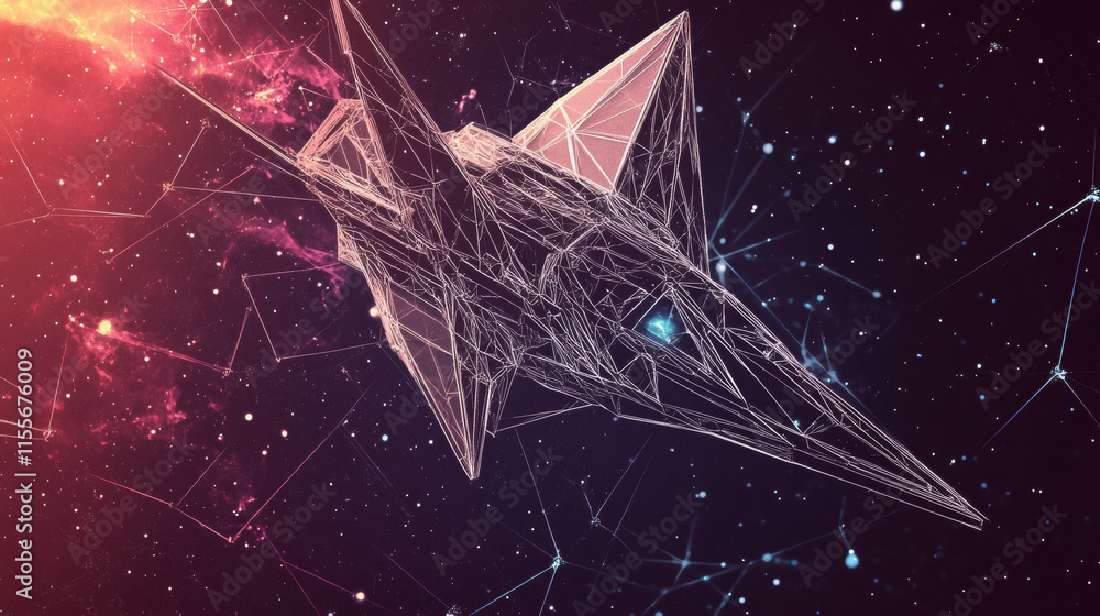 Poster the hologram is a rocket. a spaceship made of polygons, triangles of points and lines. journey to th
