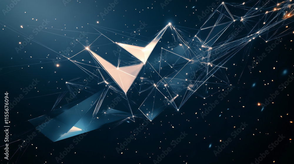 Poster the hologram is a rocket. a spaceship made of polygons, triangles of points and lines. journey to th