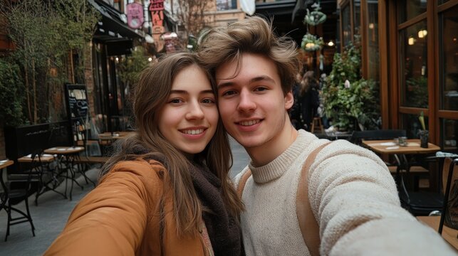 Young caucasian couple taking selfie in cozy urban cafe setting - Powered by Adobe