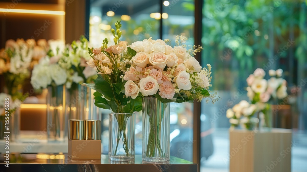 Poster stylish storefront display featuring elegant flower arrangements in glass vases during daytime. gene
