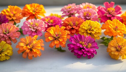 Fototapeta premium A radiant collection of zinnia flowers in multiple colors like orange, pink, and yellow, displayed on a pristine white surface.