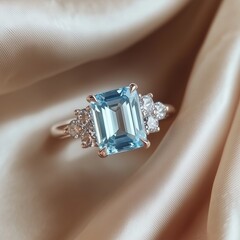 Elegant aquamarine and diamond ring on luxurious satin background