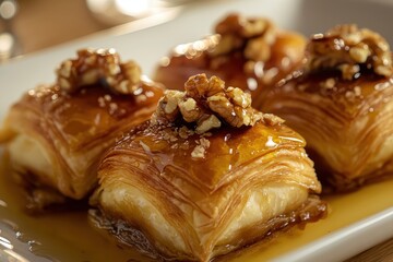 Golden puff pastries, topped with honey and walnuts