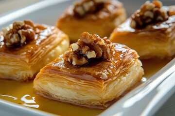 Golden puff pastries, topped with honey and walnuts