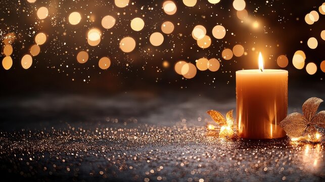 Warm relaxing candle glow amidst golden bokeh lights cozy home setting serene atmosphere close-up view for ultimate calmness