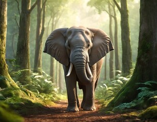 giant cute smiling elephant cartoon character in the dark green forest background closeup shot looking into the camera