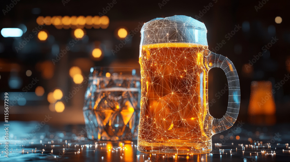 Poster hologram beer. a bottle and a mug of beer from polygons, triangles points and lines. beer low connec