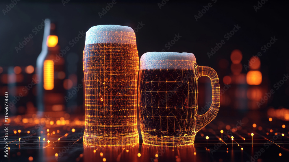 Poster hologram beer. a bottle and a mug of beer from polygons, triangles points and lines. beer low connec