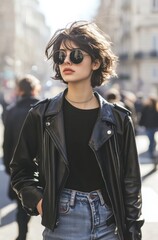 Fototapeta premium Young caucasian female in leather jacket and sunglasses walking in urban setting