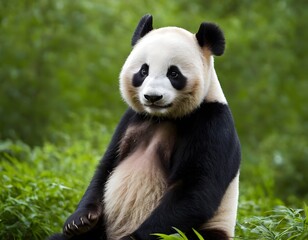 Fototapeta premium giant cute smiling panda bear cartoon character in the dark green forest closeup shot looking into the camera