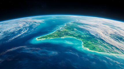Earth seen from space showcasing vibrant coastlines and lush landscapes of a tropical region during daylight hours