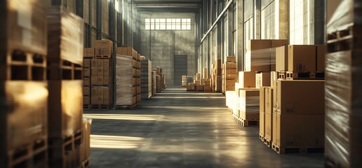 A spacious warehouse filled with stacked cardboard boxes and pallets.