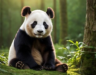 Obraz premium giant cute smiling panda bear cartoon character in the dark green forest closeup shot looking into the camera