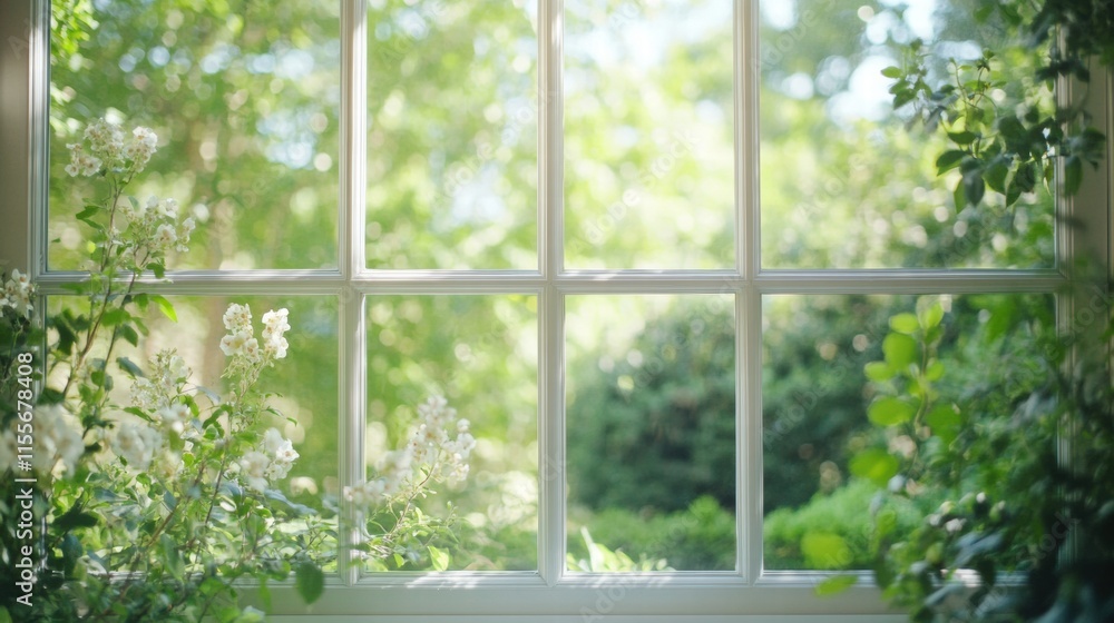 Poster bright garden visible through a window surrounded by blooming flowers in a peaceful atmosphere. gene