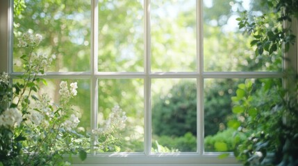 Bright garden visible through a window surrounded by blooming flowers in a peaceful atmosphere. Generative AI