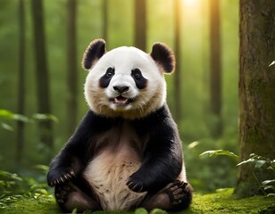 Fototapeta premium giant cute smiling panda bear cartoon character in the dark green forest closeup shot looking into the camera