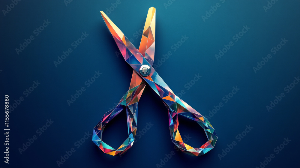 Poster hologram scissors. scissors made of polygons, triangles of points and lines. scissors icon is a low-