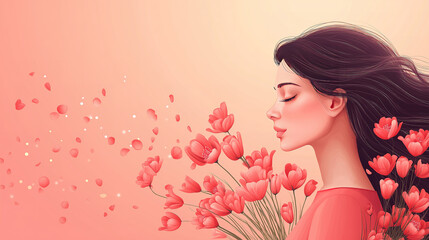 March 8 Women's Day vector art, celebrating women with a bouquet of flowers in spring