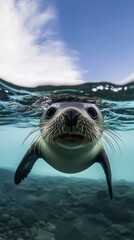 Playful sea lion emerging from water, captured half-submerged with a clear blue sky above.