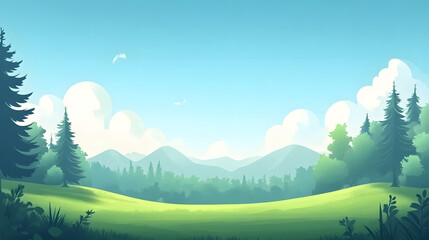 Fototapeta premium Serene Green Meadow Landscape With Mountains and Trees