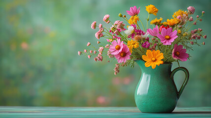 A green ceramic pitcher holding a bright wildflower bouquet with "Happy Women's Day" text, symbolizing