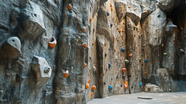 A textured rock climbing wall with realistic artificial rock surfaces and scattered holds.