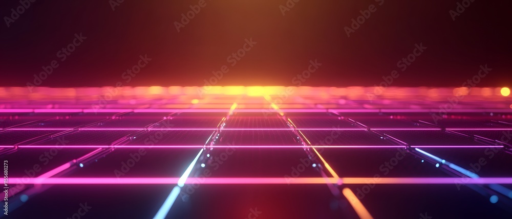 Poster futuristic neon grid landscape with vibrant colors and soft glow, perfect for backgrounds in technol