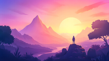A Solitary Figure Contemplates a Majestic Sunset Over Purple Mountains